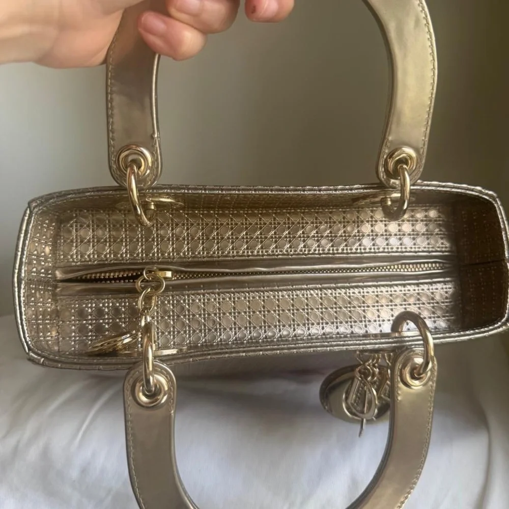 Christian Dior Gold Medium Metallic Micro Cannage Satchel with Shoulder Strap
